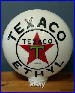 Original VTG 1939 Texaco Ethyl Gas Pump Globe One Piece Cast Baked Milk Glass
