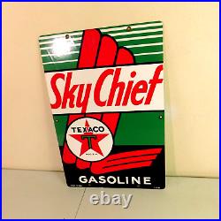 Original Vint. Sky Chief Gasoline Sign Metal Polcelain Texaco Pump Plate RARE