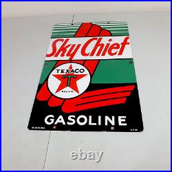 Original Vint. Sky Chief Gasoline Sign Metal Polcelain Texaco Pump Plate RARE