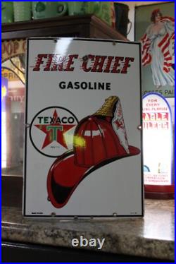 Rare 1957 Texaco Fire Chief Gasoiline Porcelain Sign Pump Plate Hat Green Texas
