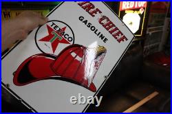 Rare 1957 Texaco Fire Chief Gasoiline Porcelain Sign Pump Plate Hat Green Texas