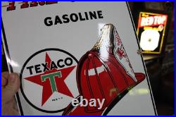 Rare 1957 Texaco Fire Chief Gasoiline Porcelain Sign Pump Plate Hat Green Texas