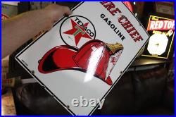 Rare 1957 Texaco Fire Chief Gasoiline Porcelain Sign Pump Plate Hat Green Texas