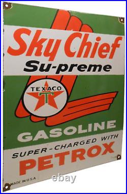 SCARCE SKY CHIEF SUPREME TEXACO GASOLINE WithPETROX VINTAGE LG PORCELAIN PUMP SIGN