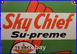 SCARCE SKY CHIEF SUPREME TEXACO GASOLINE WithPETROX VINTAGE LG PORCELAIN PUMP SIGN