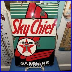 SKY CHIEF Vintage 1940s Texaco Gasoline Gas Pump Advertising Porcelain Sign