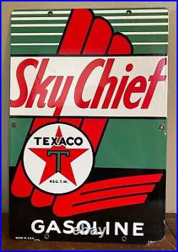 SKY CHIEF Vintage 1940s Texaco Gasoline Gas Pump Advertising Porcelain Sign
