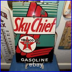 SKY CHIEF Vintage 1940s Texaco Gasoline Gas Pump Advertising Porcelain Sign