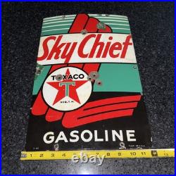 SKY CHIEF Vintage 1940s Texaco Gasoline Gas Pump Advertising Porcelain Sign