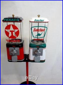 Sinclair + Texaco gasoline double gumball machine + stand old gas pump bar decor