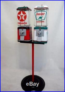 Sinclair + Texaco gasoline double gumball machine + stand old gas pump bar gift