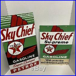 Sky Chief Texaco Petrox Gasoline Porcelain Gas Pump Advertising Signs Lot Of 2