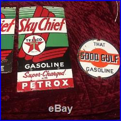 Sky Chief Texaco Sign Petrox Gas Pump Porcelain Sign Lot Gulf No Nox Good Gulf