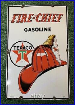 TEXACO FIRE-CHIEF Gasoline PORCELAIN PUMP PLATE SIGN 12x18in 1947 Original USA