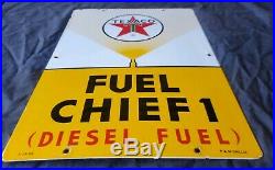 TEXACO FUEL CHIEF 1 (DIESEL FUEL) PORCELAIN YELLOW GAS PUMP PLATE SIGN 12 x 18