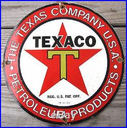 Texaco Gasoline Texas Co USA Porcelain Enamel Gas Pump Oil Service Station Sign