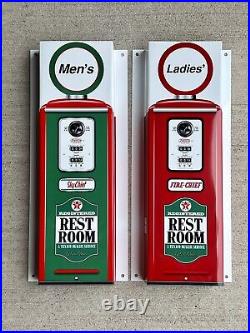 TEXACO Set 2 RESTROOMS PUMP SKY FIRE CHIEF Metal Gasoline Gas sign Pump WOW TEXACO Set 2 RESTROOMS PUMP SKY FIRE CHIEF Metal Gasoline Gas sign Pump WOW