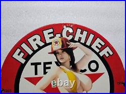 Texaco Fire Chief Gasoline Pinup Bikini Babe Porcelain Gas Oil Pump Station Sign