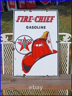Texaco Fire Chief Porcelain Pump Plate Sign Dated 3-10-47