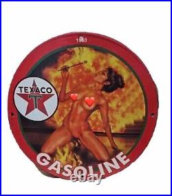 Texaco Gasoline Pinup Babe Porcelain Gas Station Pump Oil Service Garage Ad Sign