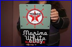 Texaco Marine White Gasoline Boat Motor Gas Pump 12 Metal Porcelain Sign