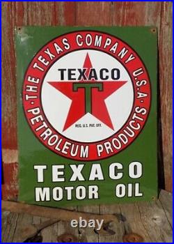 Texaco Motor Oil Sign, Metal Porcelain Advertising Sign, Gas Station Pump A Texaco Motor Oil Sign, Metal Porcelain Advertising Sign, Gas Station Pump A