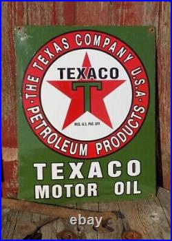 Texaco Motor Oil Sign, Metal Porcelain Advertising Sign, Gas Station Pump A Texaco Motor Oil Sign, Metal Porcelain Advertising Sign, Gas Station Pump A