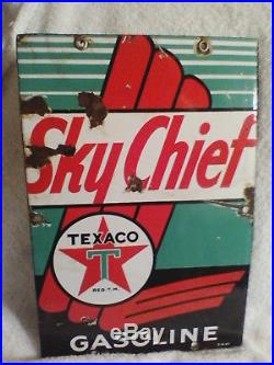 Texaco Sky Chief Oil Gasoline Sign Porcelain Vintage Gas Pump Plate Lubester
