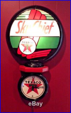 Texaco Sky Chief lighted glass 13.5 Gas Pump Globe Lens With Clock. Wall Hang