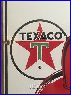 Texaco fire chief porcelain sign 3-3-65 Birthyear Fire Helmet Gas Oil Pump Plate