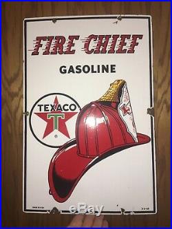 Texaco fire chief porcelain sign 3-3-65 Birthyear Fire Helmet Gas Oil Pump Plate