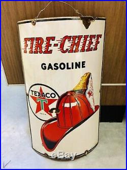 Texaco vtg curved porcelain Fire-Chief Gas Pump Oil Sign (1940 old as-is Shape)