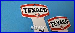 Two Vintage Texaco Gasoline Porcelain Restroom Service Station Pump Plate Sign