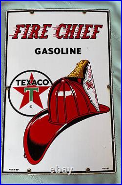 VINTAGE 1961 (TEXACO FIRE-CHIEF GASOLINE) PORCELAIN PUMP PLATE SIGN (18x 12)
