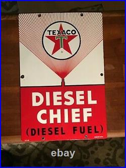 VINTAGE 1965 TEXACO DIESEL CHIEF PORCELAIN GAS PUMP PLATE SIGN WithMARKINGS NM