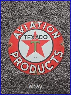 VINTAGE TEXACO AVIATION GASOLINE PORCELAIN METAL GAS STATION PUMP SIGN. About 12
