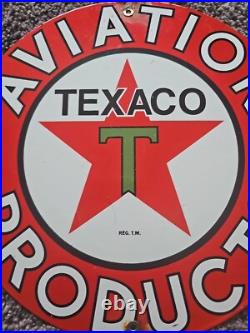 VINTAGE TEXACO AVIATION GASOLINE PORCELAIN METAL GAS STATION PUMP SIGN. About 12