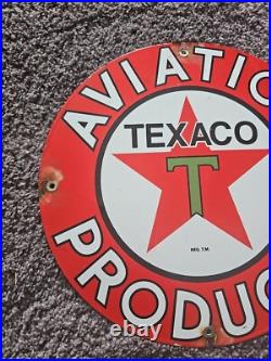 VINTAGE TEXACO AVIATION GASOLINE PORCELAIN METAL GAS STATION PUMP SIGN. About 12