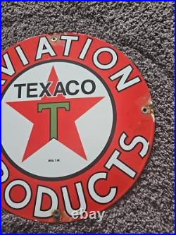 VINTAGE TEXACO AVIATION GASOLINE PORCELAIN METAL GAS STATION PUMP SIGN. About 12