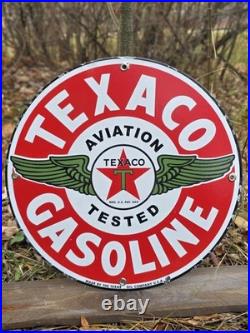 VINTAGE TEXACO AVIATION GASOLINE PORCELAIN METAL GAS STATION PUMP SIGN. Apx 12