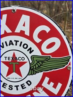 VINTAGE TEXACO AVIATION GASOLINE PORCELAIN METAL GAS STATION PUMP SIGN. Apx 12