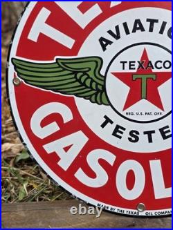 VINTAGE TEXACO AVIATION GASOLINE PORCELAIN METAL GAS STATION PUMP SIGN. Apx 12