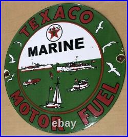 VINTAGE TEXACO MARINE With BOATS 12 PORCELAIN METAL GAS OIL SIGN! PUMP PLATE