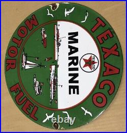 VINTAGE TEXACO MARINE With BOATS 12 PORCELAIN METAL GAS OIL SIGN! PUMP PLATE