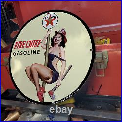 Vintage 1934 Texaco Fire Chief Gasoline Fuel Porcelain Gas & Oil Pump Sign