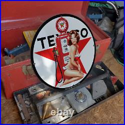 Vintage 1934 Texaco Gasoline Motor Oil Station Porcelain Gas & Oil Pump Sign