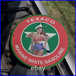 Vintage 1934 Texaco Marine White Gasoline Fuel Porcelain Gas & Oil Pump Sign