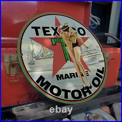 Vintage 1940 Texaco Marine Motor Oil Gasoline Porcelain Gas & Oil Pump Sign