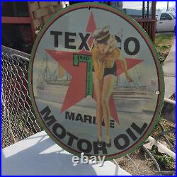 Vintage 1940 Texaco Marine Motor Oil Gasoline Porcelain Gas & Oil Pump Sign