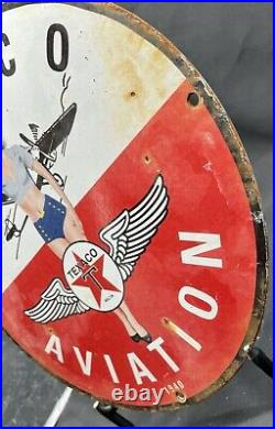 Vintage 1940''texaco Aviation'' Gas & Oil Pump Plate 12 Inches Porcelain Sign